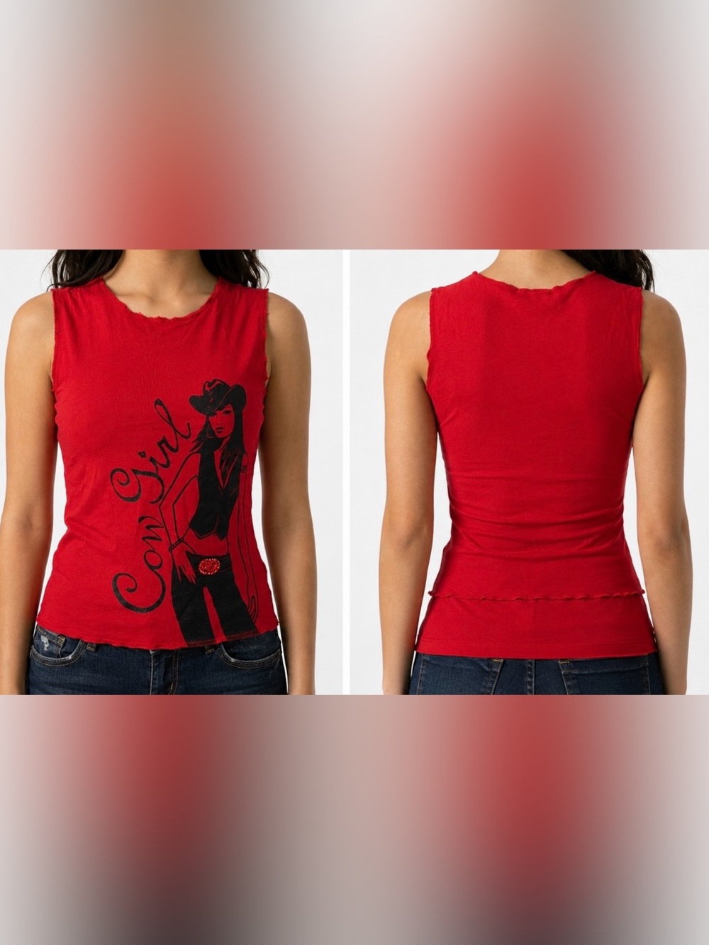 DKNY Red Cowgirl Graphic Tank Top With Rhinestones and Glitter.